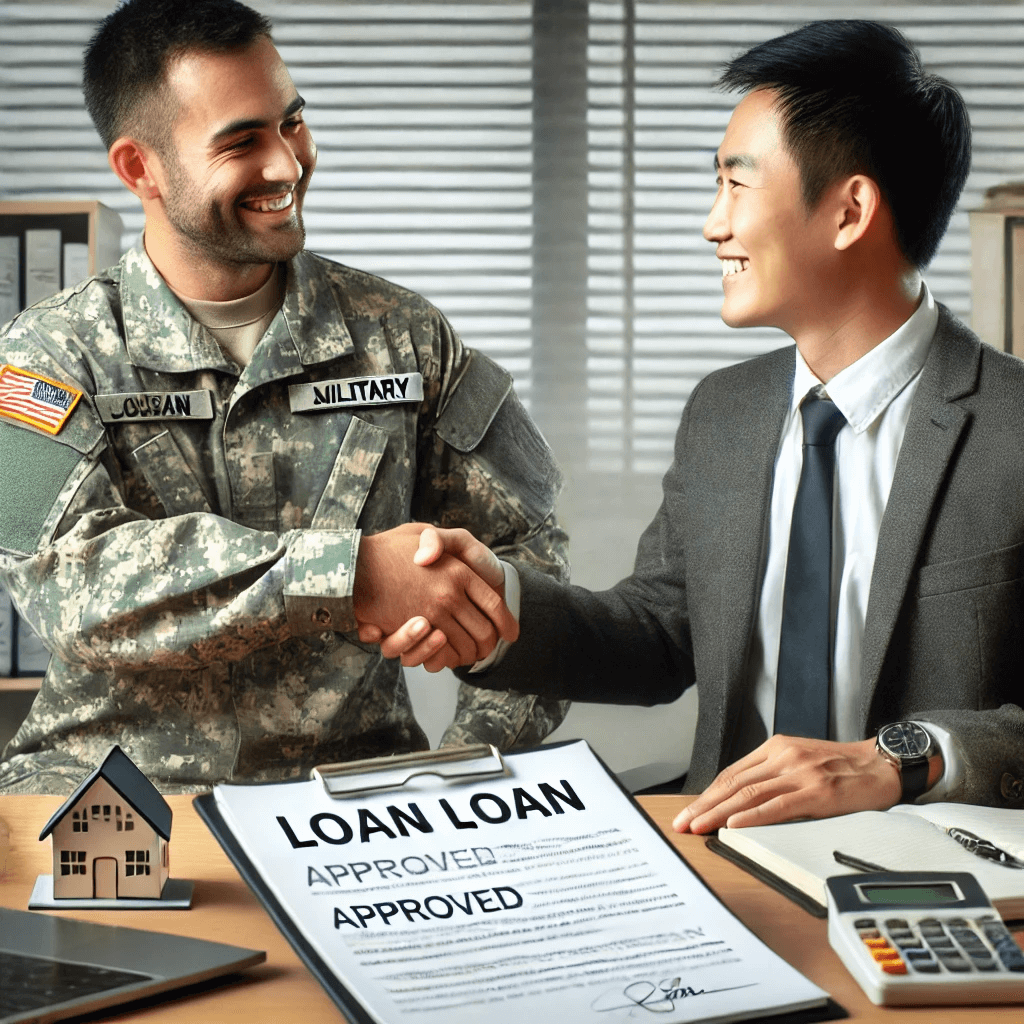 軍人士官和貸款經理人慶祝貸款成功批准的畫面。軍官與經理人握手，周圍是已批准的貸款文件，突顯成功的成果。