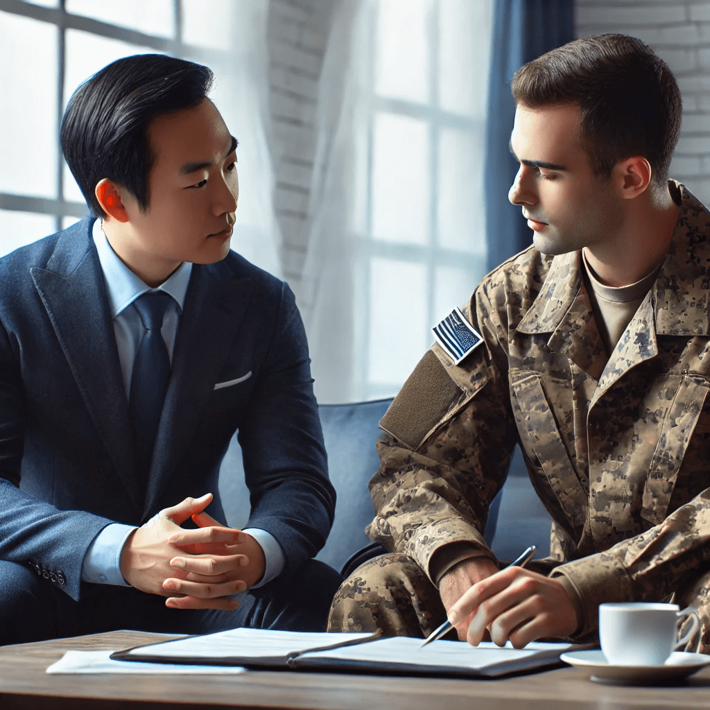 貸款經理人與軍人客戶進行私人會談，提供諮詢和指導。場景私密且專業，展示貸款經理人如何幫助軍人應對財務困境。