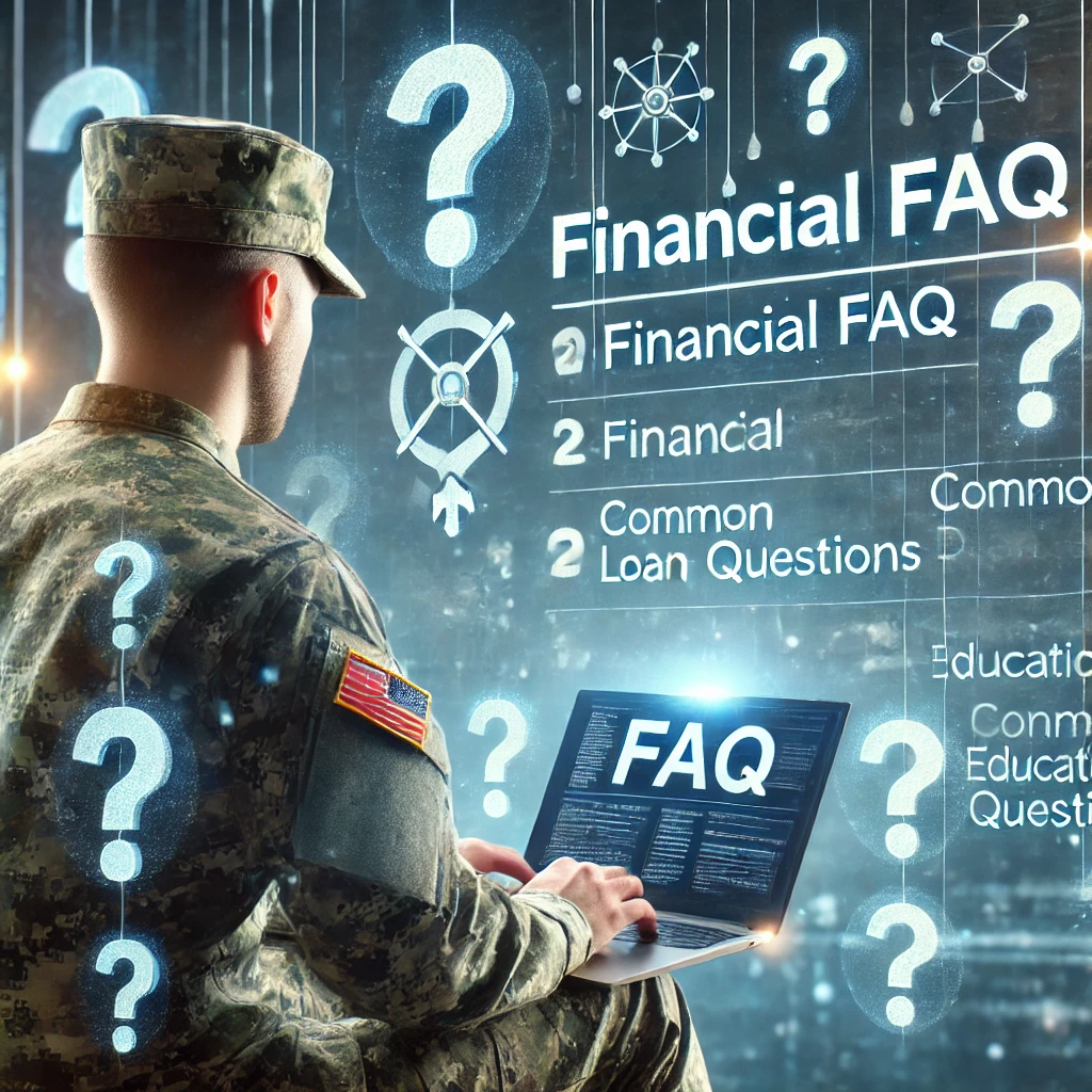 軍人坐在筆記型電腦前，螢幕上顯示貸款 FAQ 文件貸款常見問題與財務教育。