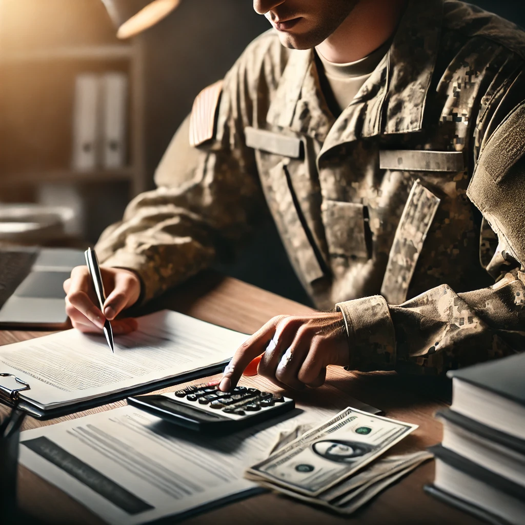 軍人坐在辦公桌前正在計算機上進行財務規劃與貸款申請。