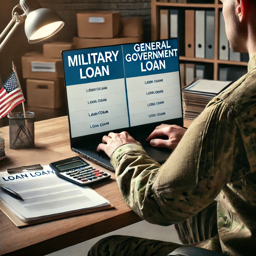 軍人坐在辦公桌前，在筆記型電腦上比較兩種貸款選項，象徵軍人貸款與政府貸款的對比分析。