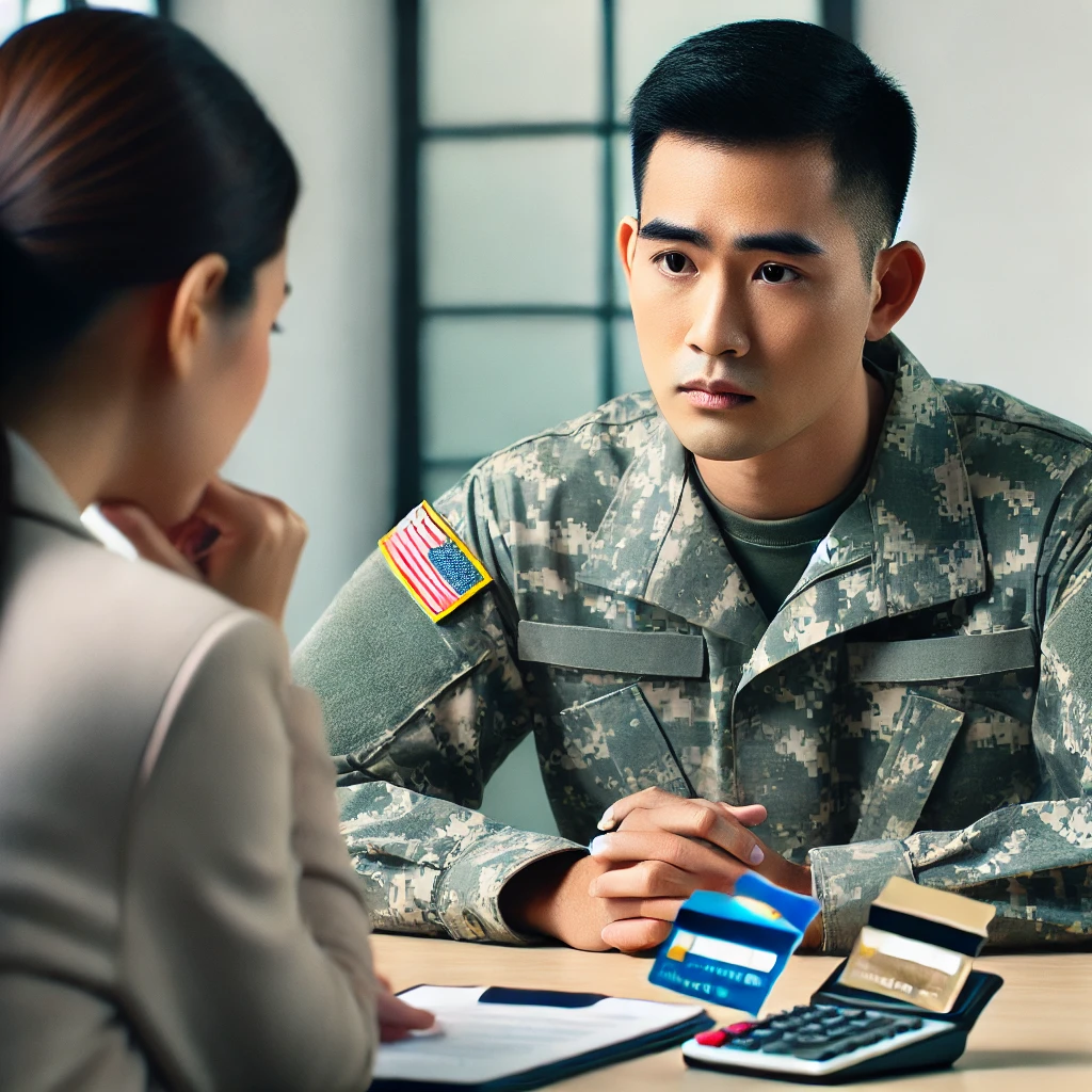 軍人看著桌上多張信用卡，表情憂慮。對面坐著財務顧問，正在與他討論貸款方案
