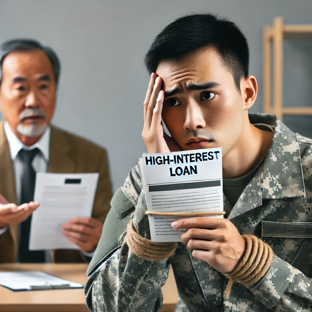 軍人表情焦慮地拿著標註「高利貸」的文件，還好有貸款經理人安撫地解釋轉貸方案