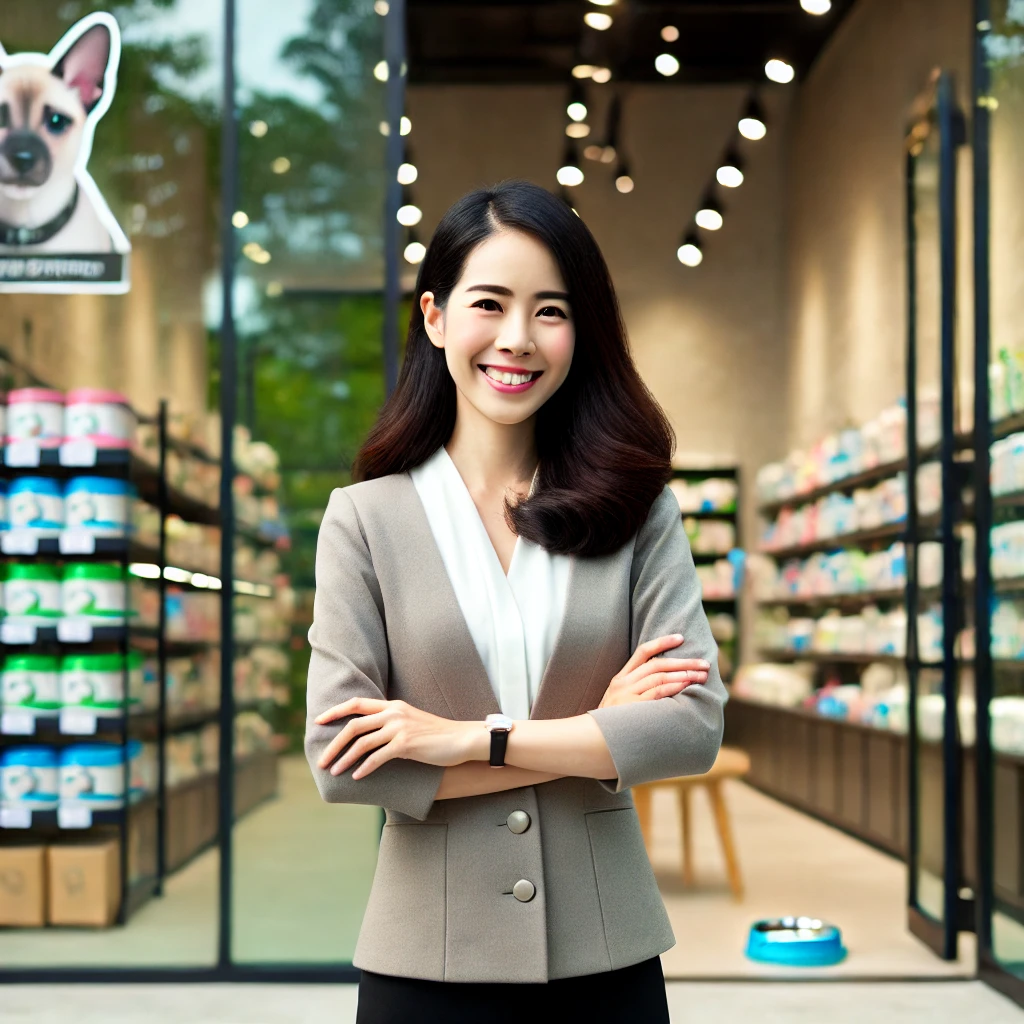 女性創業者站在擴展後的寵物用品店前，自信微笑，象徵事業透過貸款後成功。