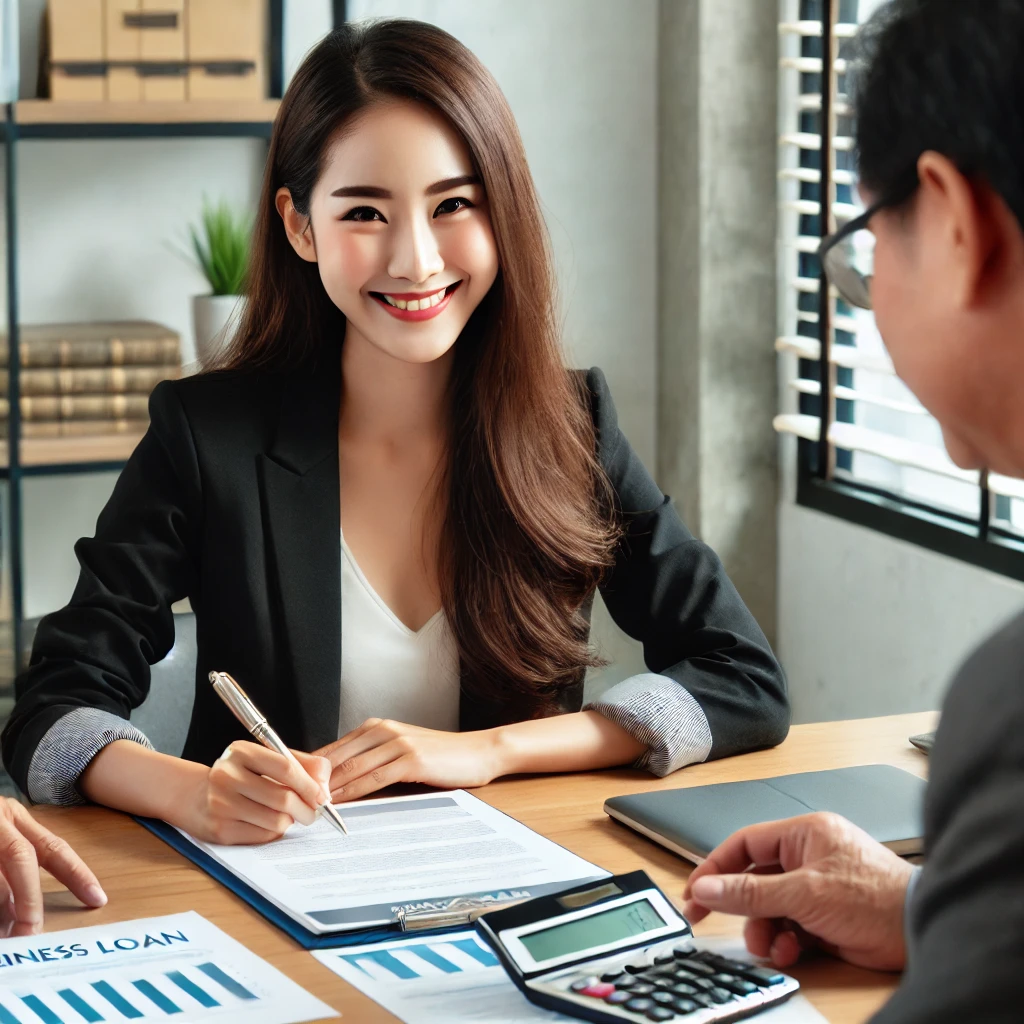 女企業主與銀行顧問在辦公桌前討論企業貸款方案