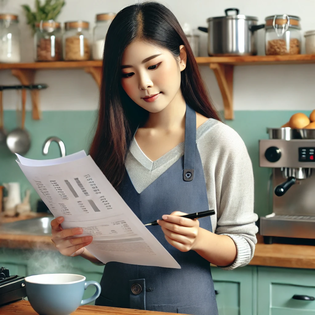 女性創業者站在小型早餐店內，手持財務文件準備申請企業貸款，
