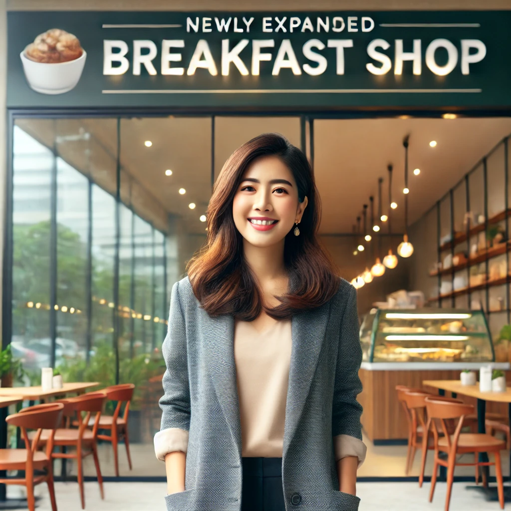 女性創業者站在擴展後的早餐店前，自信微笑，事業成功。」