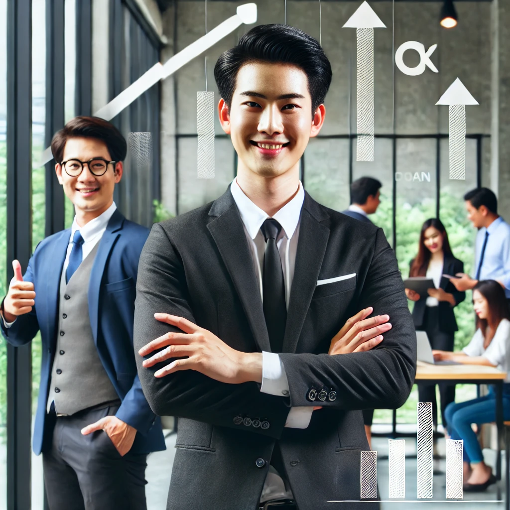 企業主自信地站在成長中的公司前，員工正在忙碌工作，代表企業擴展與穩定發展。
