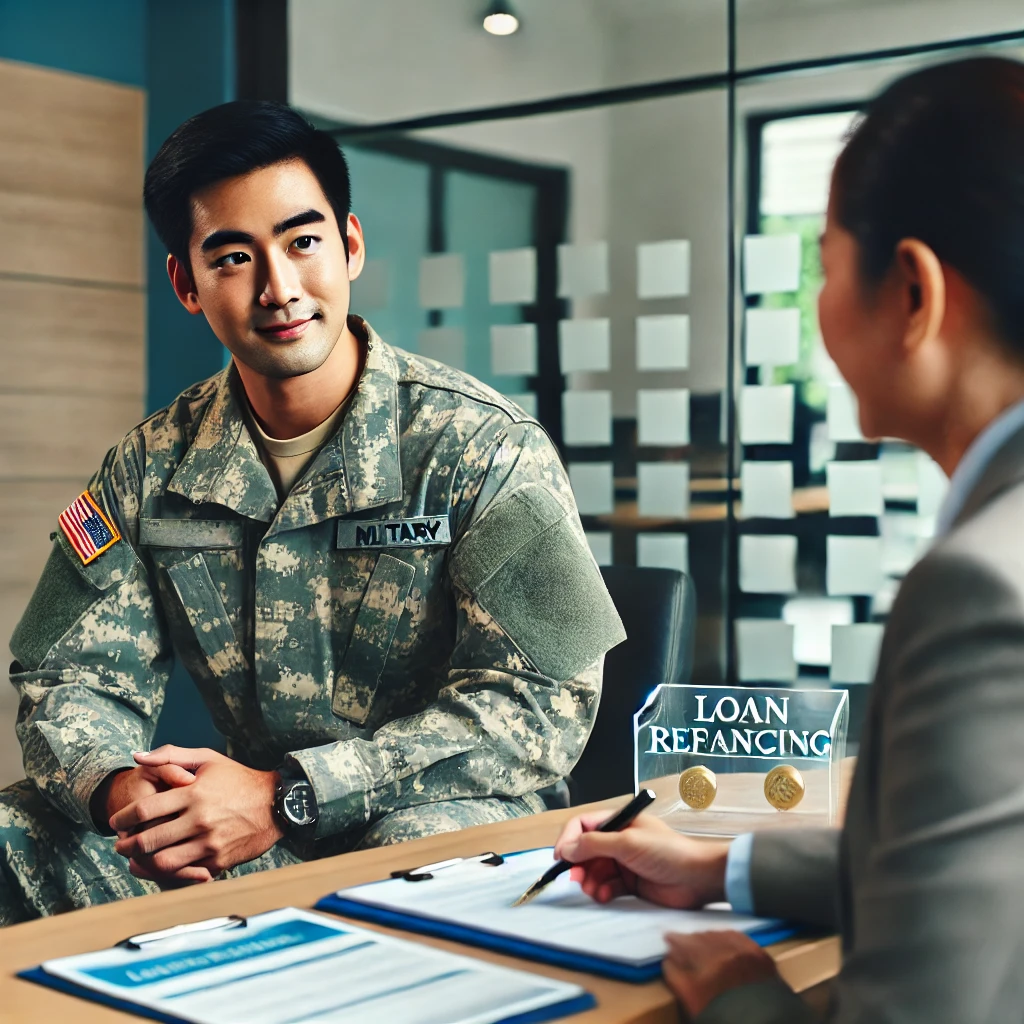 軍人坐在銀行內，與財務顧問討論貸款轉換方案，顯得安心滿意。